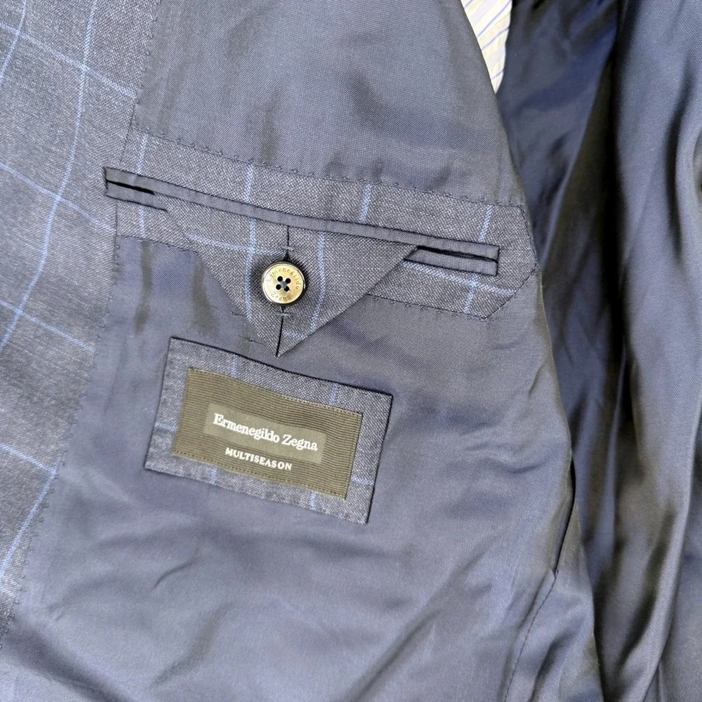 Ermenegildo Zegna Milano Mens Wool Windowpane Blazer Jacket Grey Blue 60R 50R US